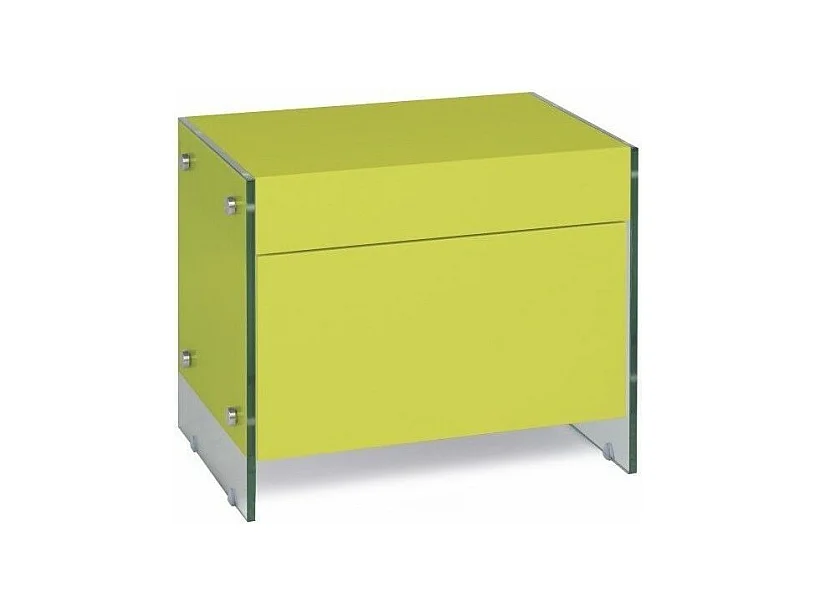 Table de chevet 1 tiroir bois laqué jaune et verre trempé Elly
