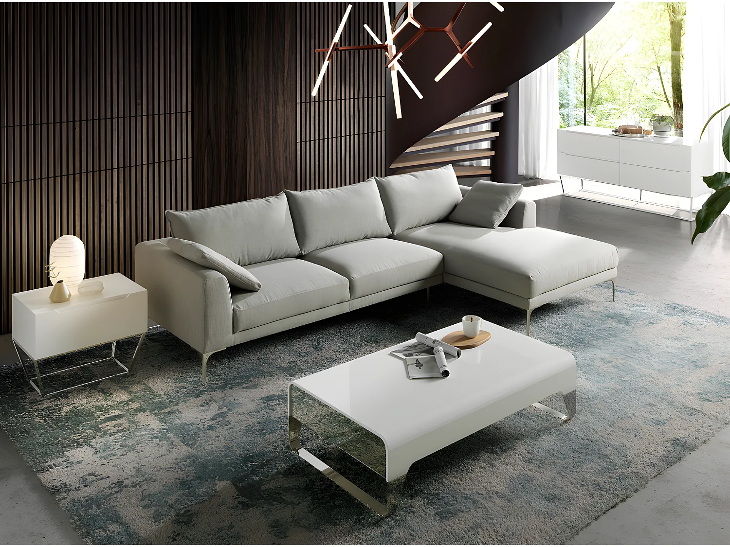 Table d'appoint design 1 tiroir laqué et pieds acier chromé Romus-Couleur Perle