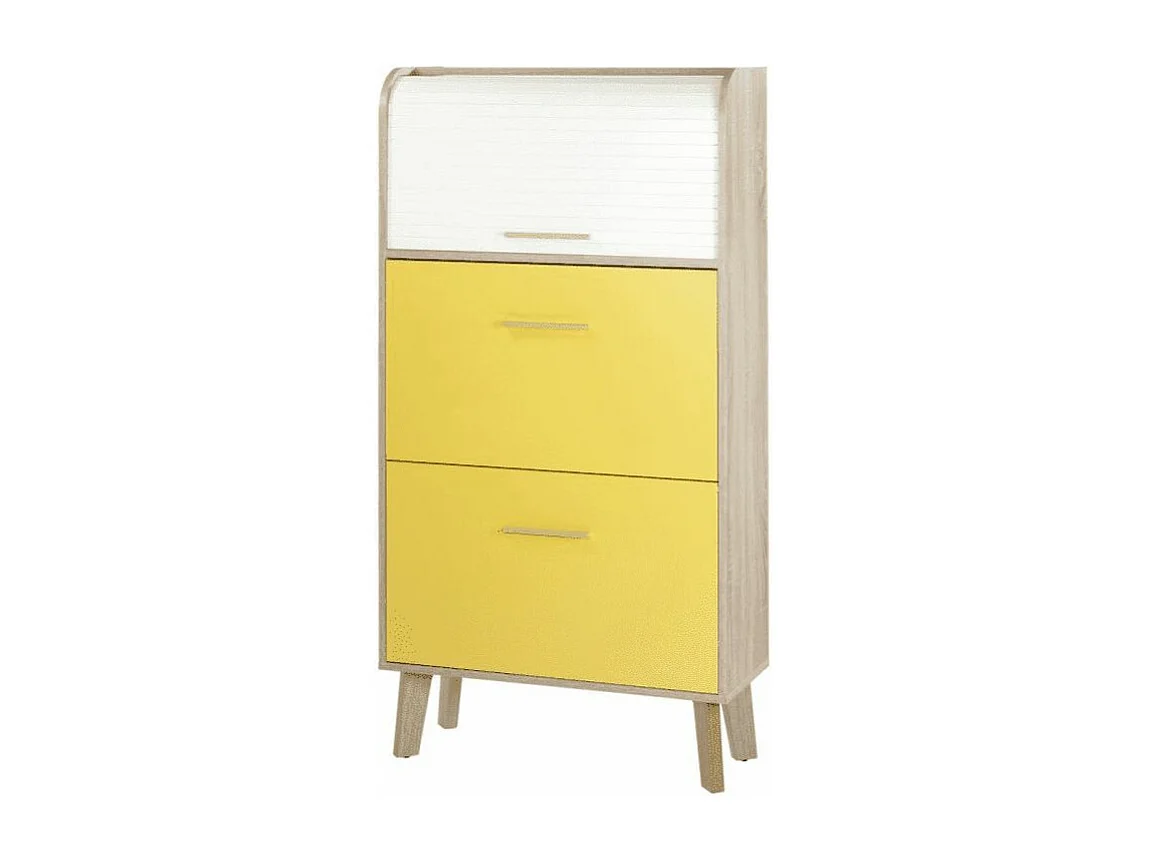 Meuble à chaussures rideau chêne clair et blanc 2 abattants jaunes Happy 75cm