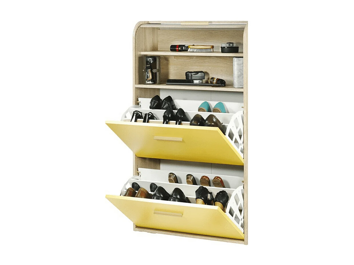 Meuble à chaussures rideau chêne clair et blanc 2 abattants jaunes Happy 75cm
