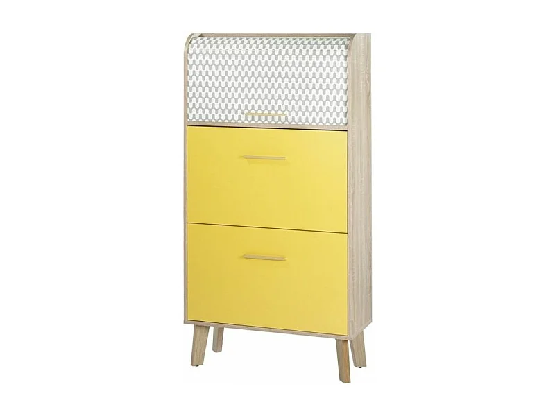 Meuble chaussure à rideau blanc imprimé 2 abattants jaune et pieds naturels 18 paires Hippie