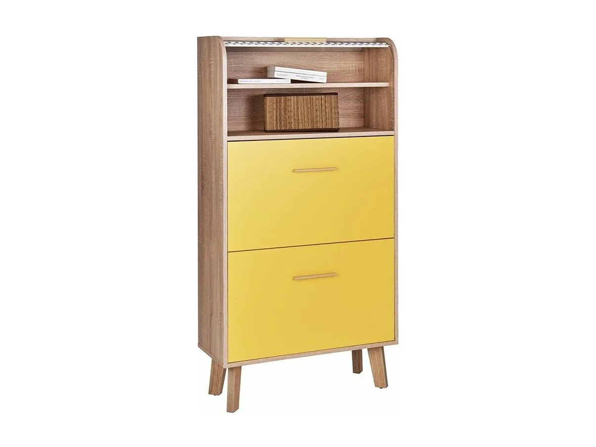 Meuble chaussure à rideau blanc imprimé 2 abattants jaune et pieds naturels 18 paires Hippie