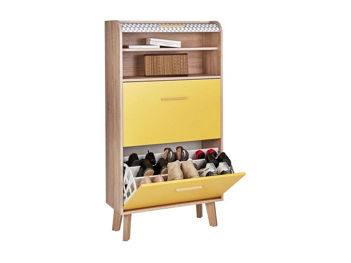 Meuble chaussure à rideau blanc imprimé 2 abattants jaune et pieds naturels 18 paires Hippie