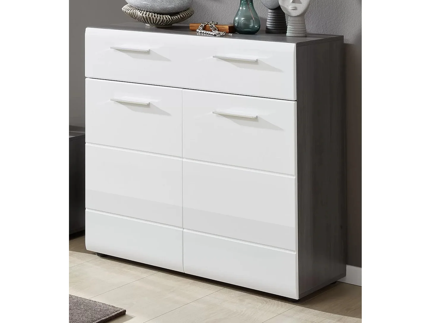 Schoenenkast 2 deuren 1 lade glanzend wit en asgrijs 2 deuren 1 lade Kinzo 80 cm