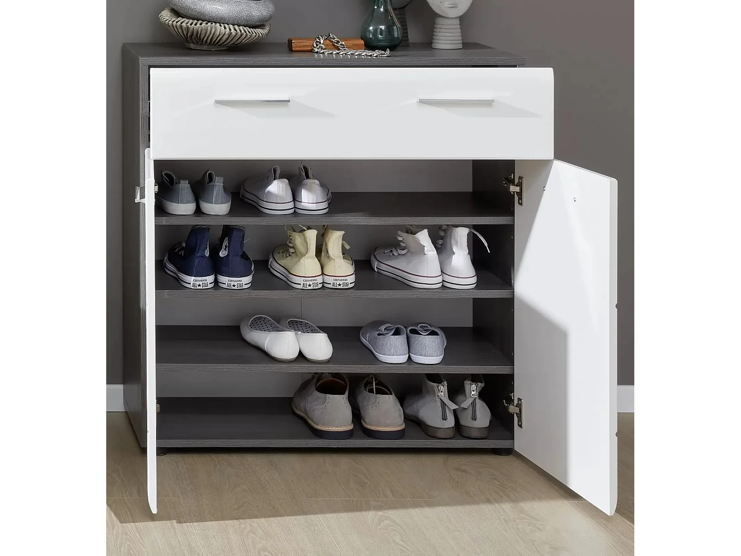 Meuble à chaussures 2 portes 1 tiroir blanc brillant et gris cendré 2 portes 1 tiroir Kinzo 80cm