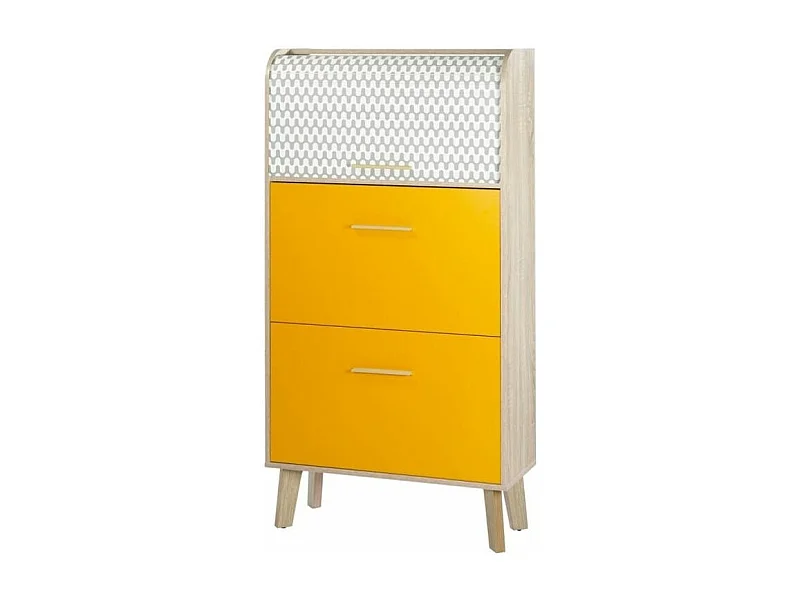 Meuble chaussure à rideau blanc imprimé 2 abattants orange et pieds naturels 18 paires Hippie