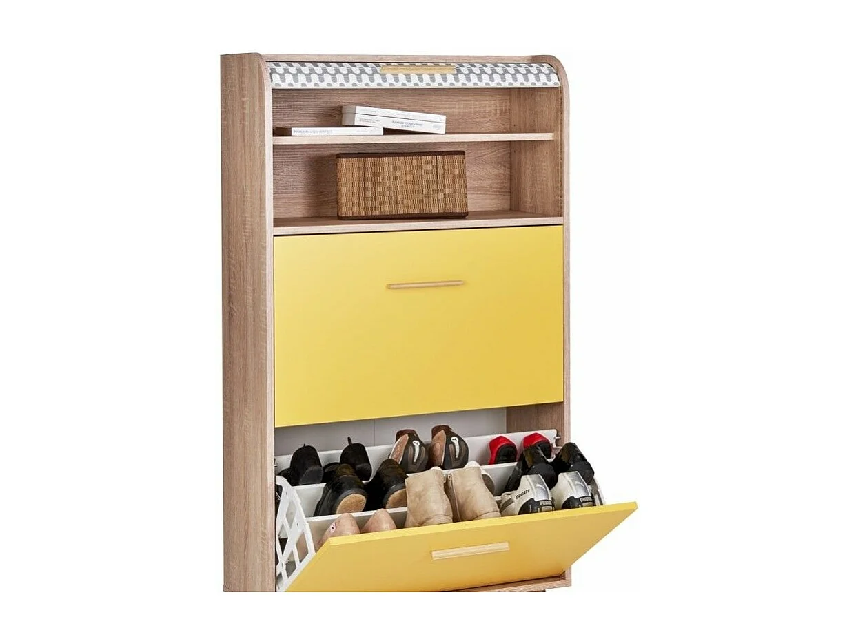 Meuble chaussure à rideau blanc imprimé 2 abattants orange et pieds naturels 18 paires Hippie