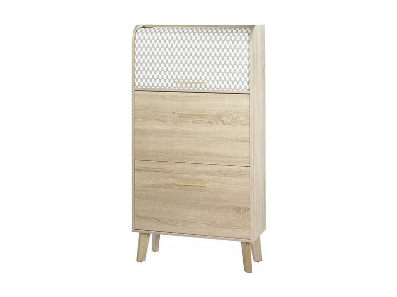 Meuble chaussure chêne naturel à rideau blanc imprimé vagues et pieds naturels 18 paires Hippie