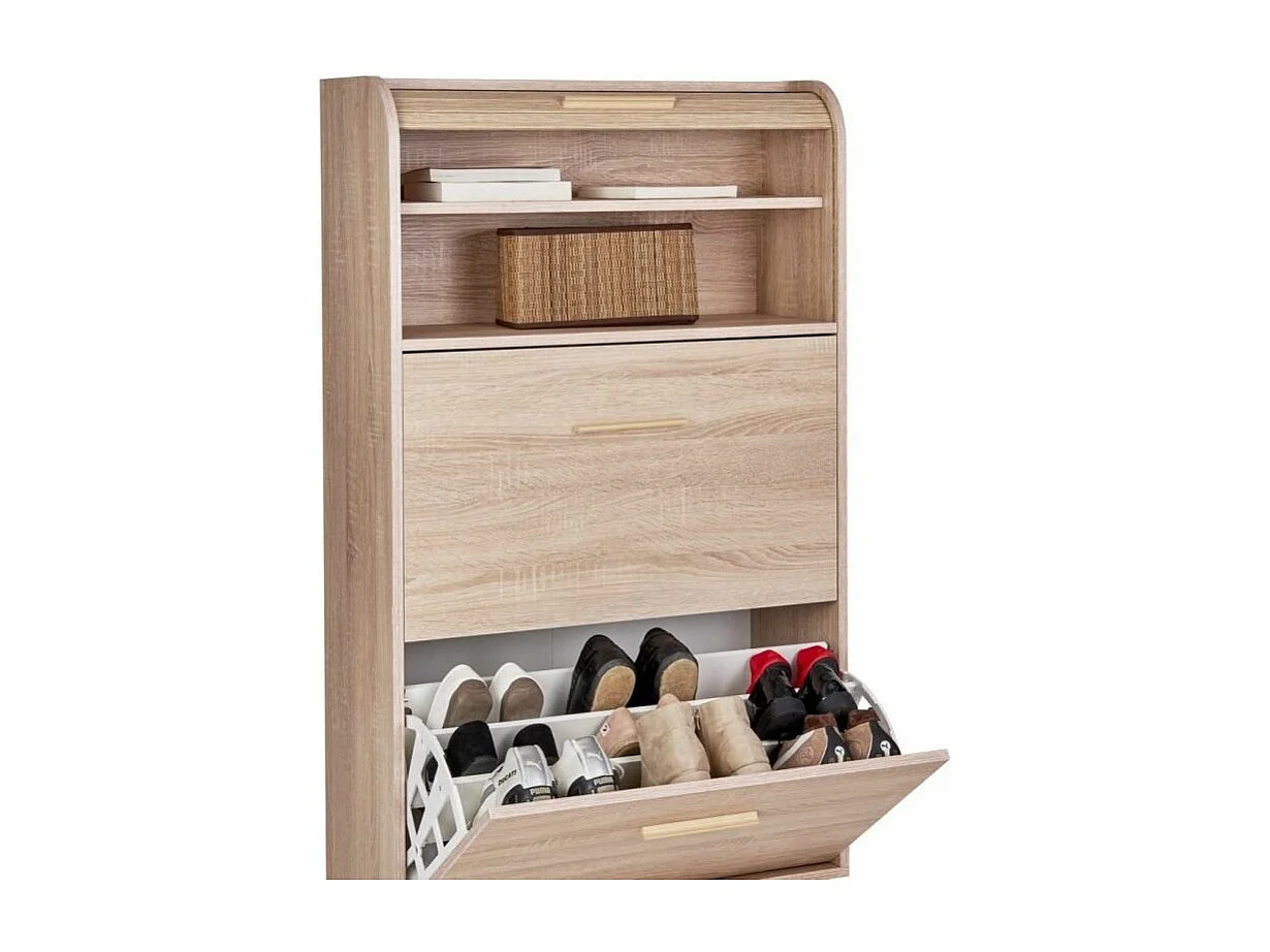 Meuble chaussure chêne naturel à rideau blanc imprimé vagues et pieds naturels 18 paires Hippie