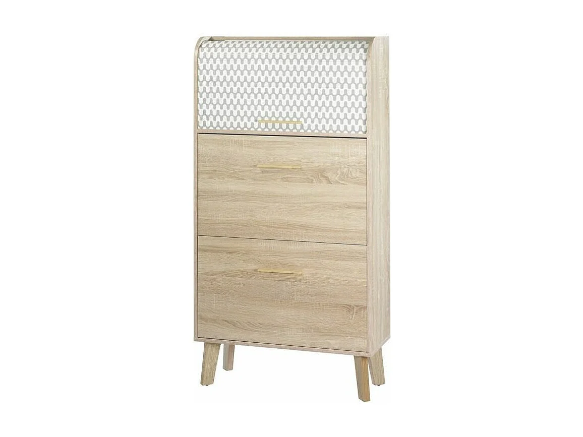 Meuble chaussure chêne naturel à rideau blanc imprimé vagues et pieds naturels 18 paires Hippie