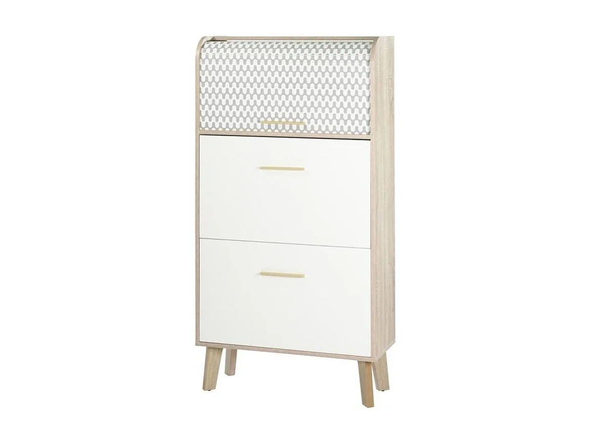 Tweekleurige schoenenkast met wit gordijn bedrukte golven en natuurlijke voeten 18 paar Hippie