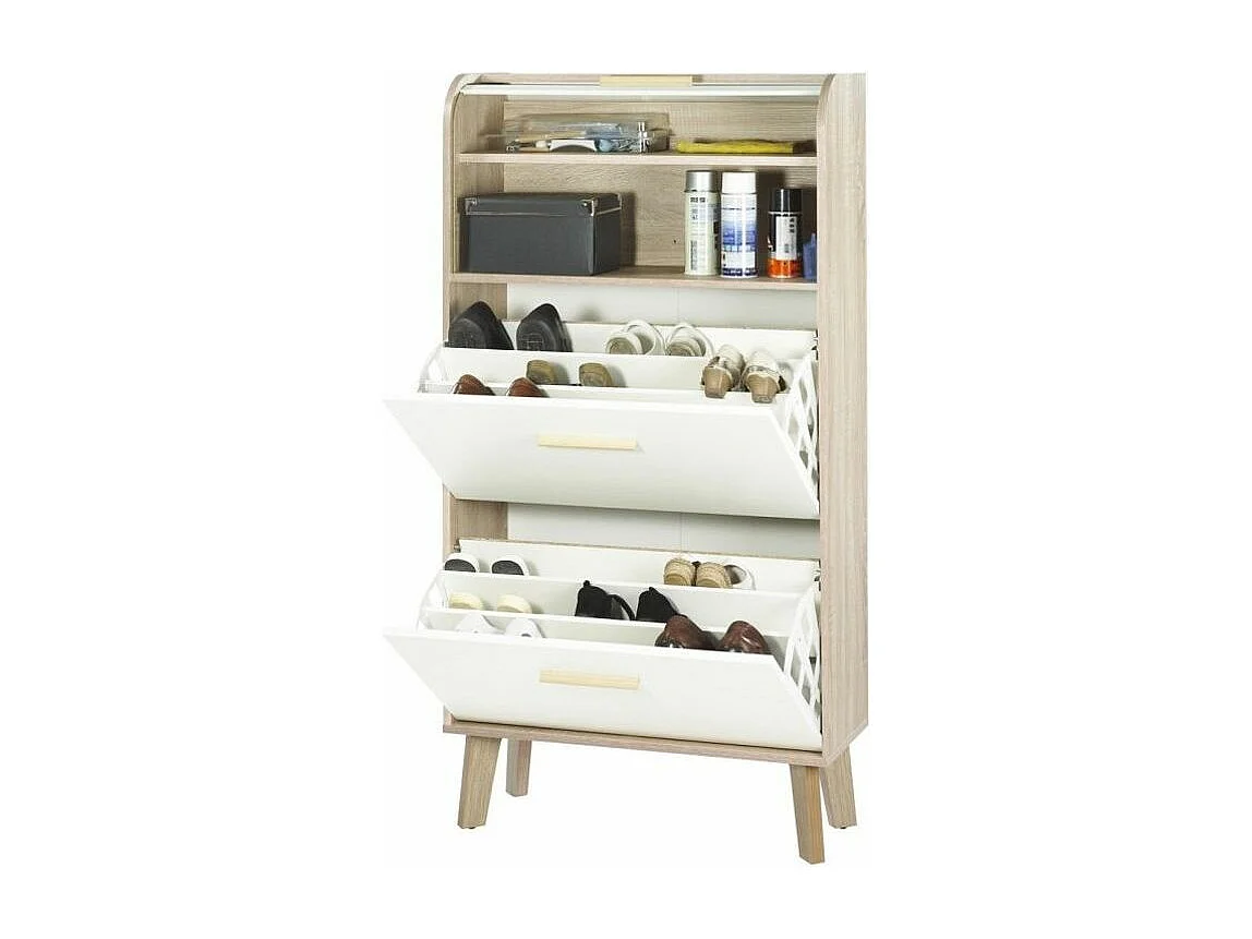 Meuble chaussure bicolore à rideau blanc imprimé vagues et pieds naturels 18 paires Hippie