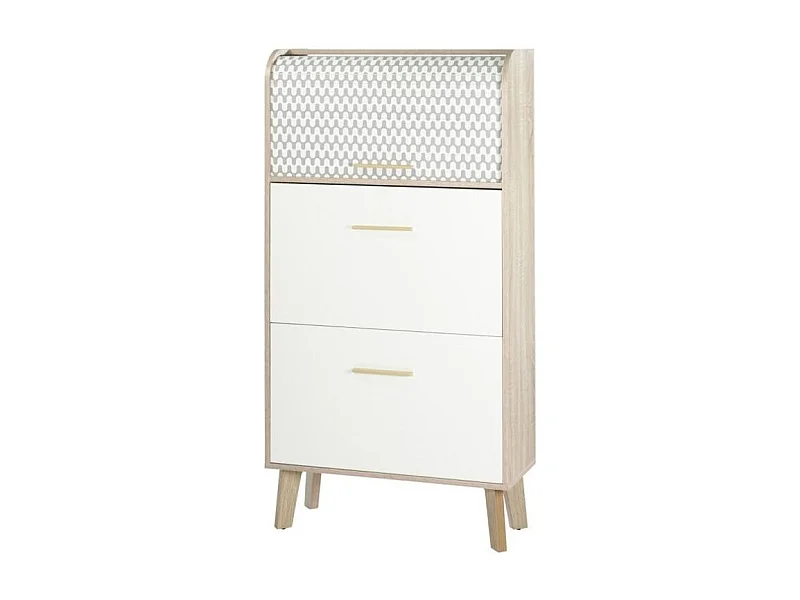 Meuble chaussure bicolore à rideau blanc imprimé vagues et pieds naturels 18 paires Hippie