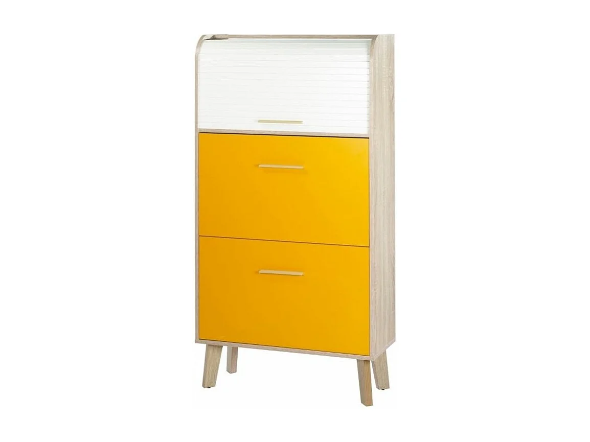 Licht eiken en witte gordijn schoenenkast met 2 mandarijnkleppen Happy 75 cm