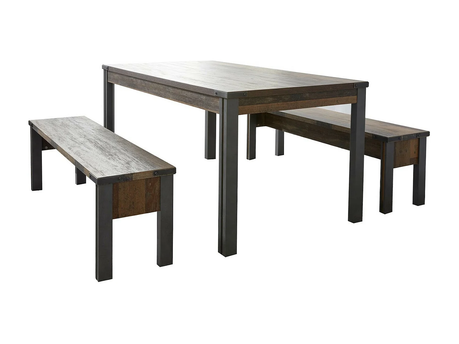 Banc vintage vieux bois usé et métal gris avec rivets 140cm