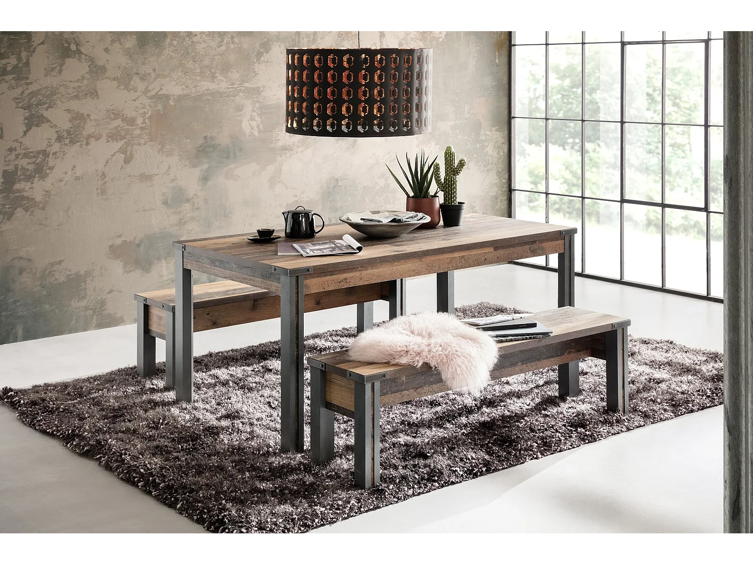 Banc vintage vieux bois usé et métal gris avec rivets 140cm