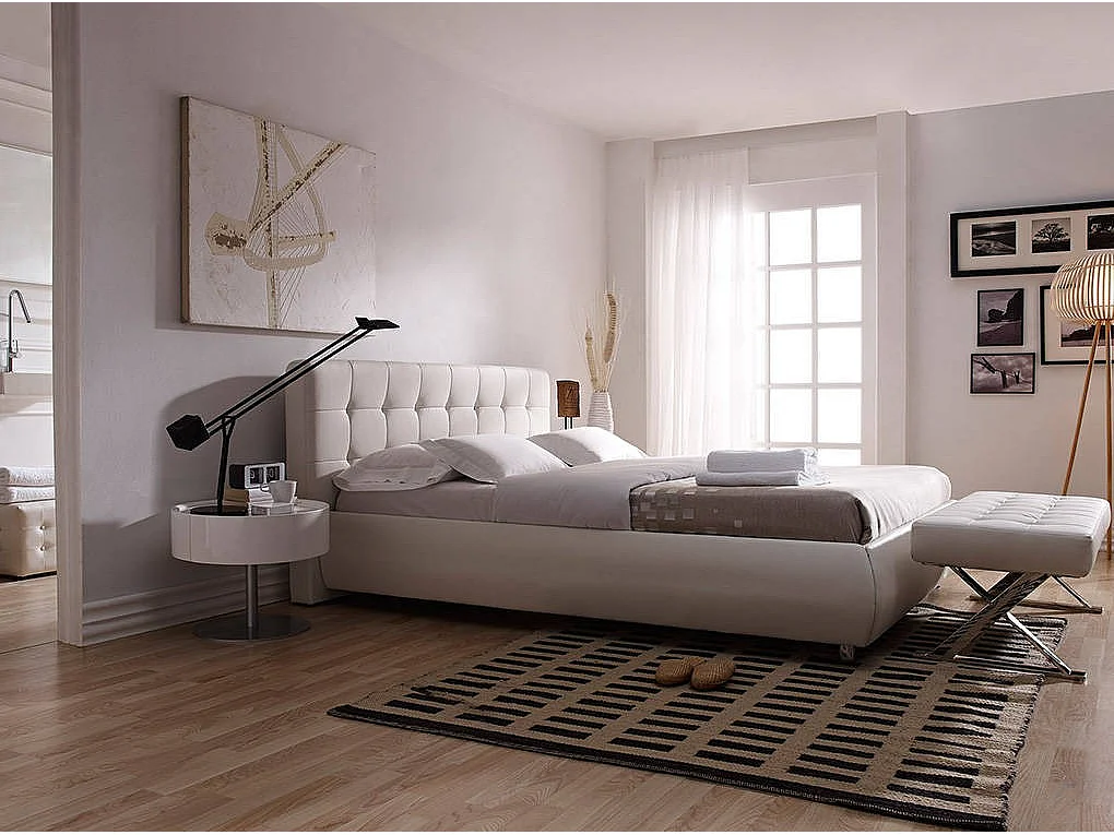 Banquette capitonnée similicuir et pieds acier inoxydable Lony-Couleur Aqua 00 Blanc