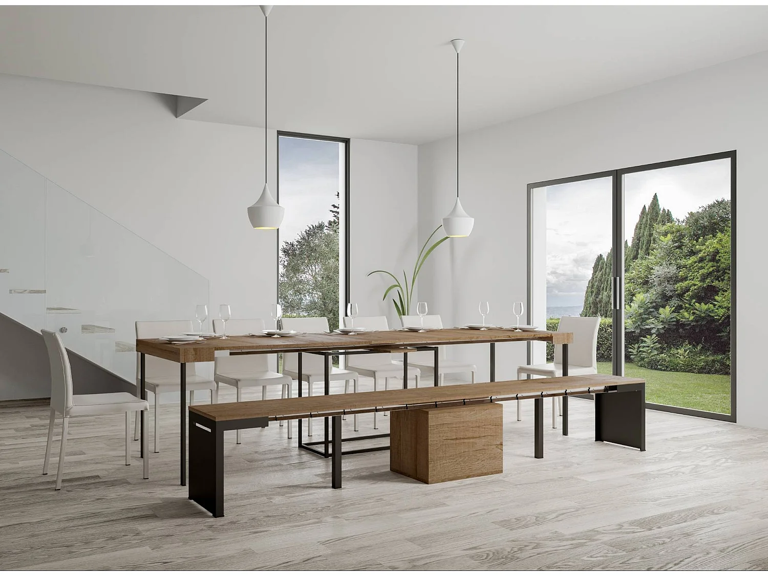 Banc extensible bois et métal 55 à 305cm Walk-Couleur Naturel