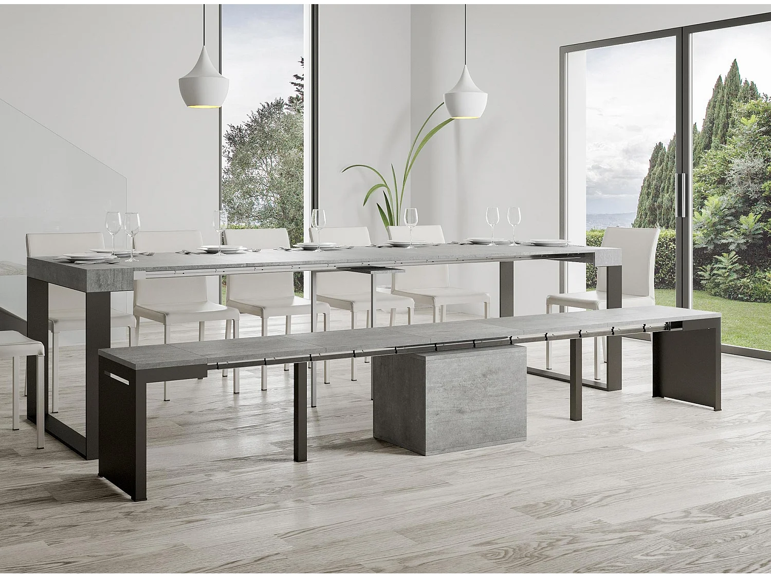 Banc extensible bois et métal 55 à 305cm Walk-Couleur Gris