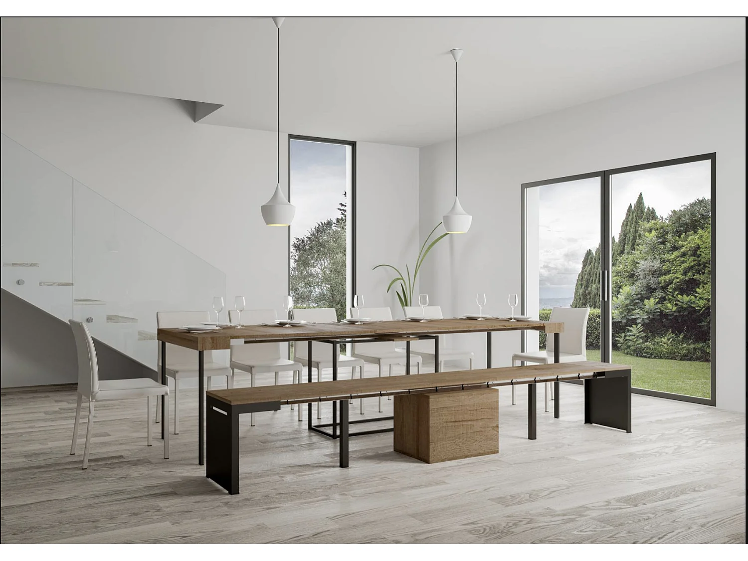 Banc extensible bois et métal 55 à 305cm Walk-Couleur Gris