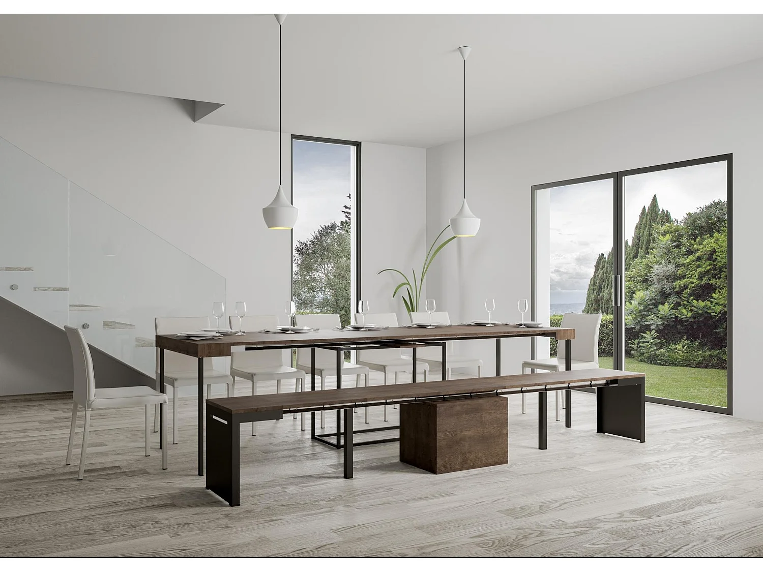 Banco Walk extensible de madera y metal de 55 a 305 cm.-Color Marrón