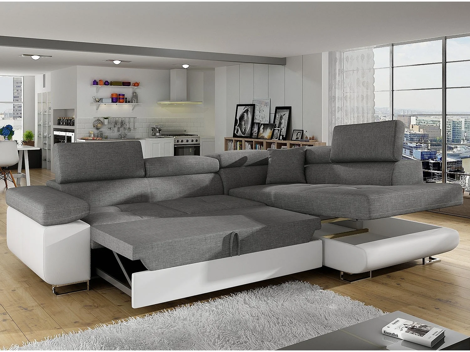 Canapé angle convertible simili cuir et tissu têtières relevables - Collection Marka-Couleur Blanc/Gris clair-angle droit