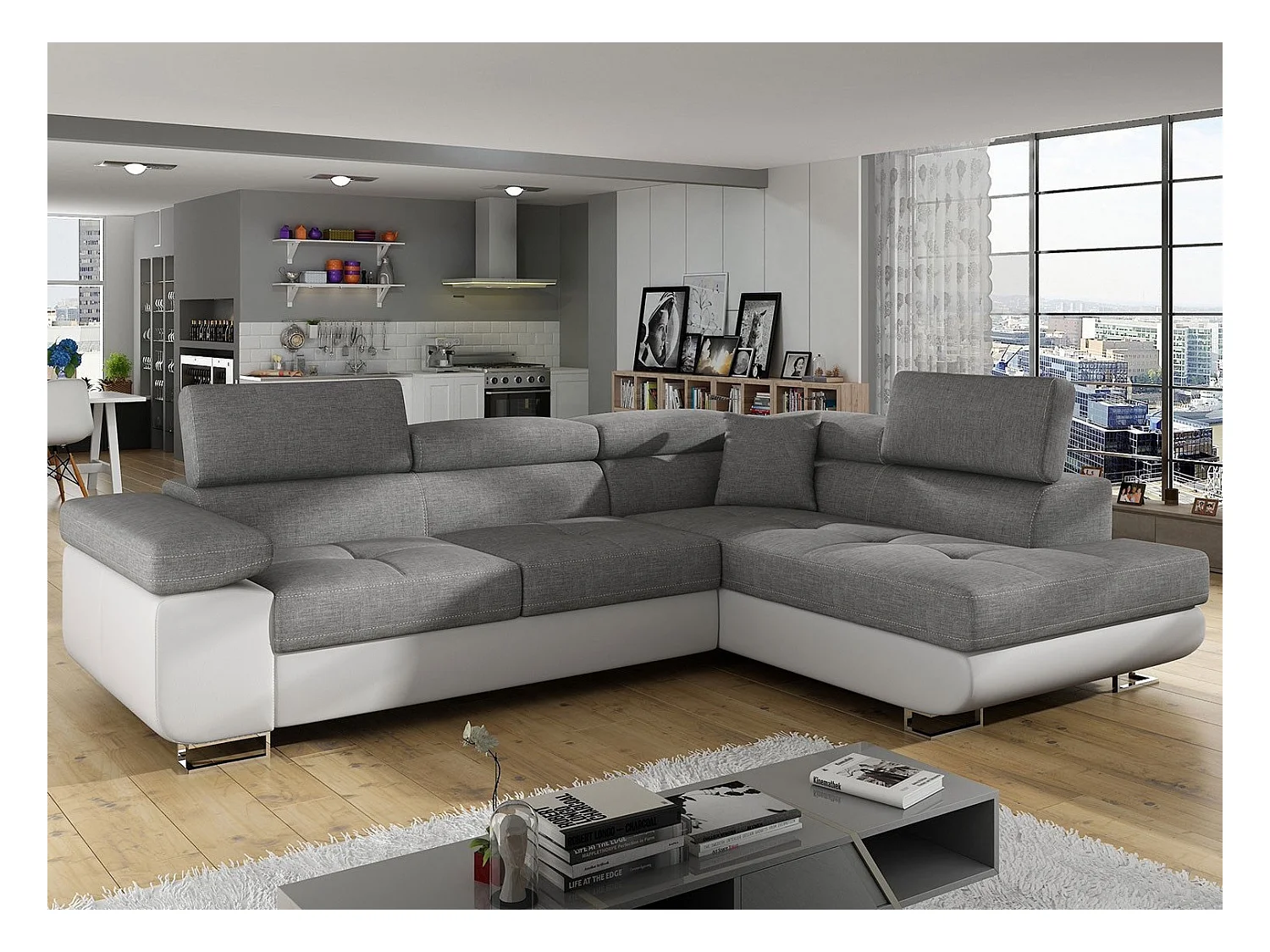 Canapé angle convertible simili cuir et tissu têtières relevables - Collection Marka-Couleur Blanc/Gris clair-angle droit