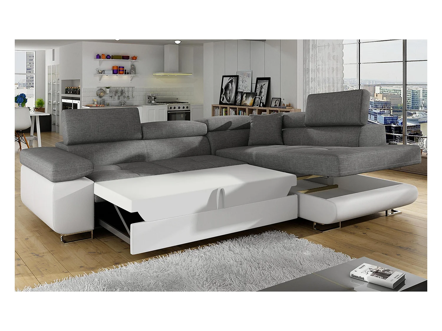 Canapé angle convertible simili cuir et tissu têtières relevables - Collection Marka-Couleur Blanc/Gris clair-angle droit