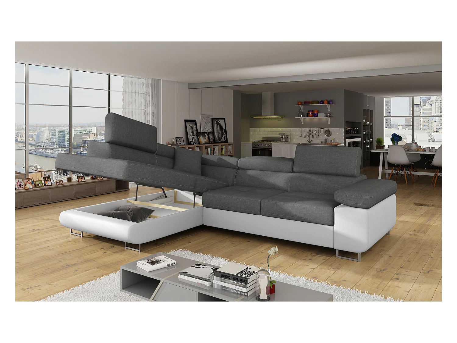 Canapé angle convertible simili cuir et tissu têtières relevables - Collection Marka-Couleur Blanc/Gris clair-angle droit