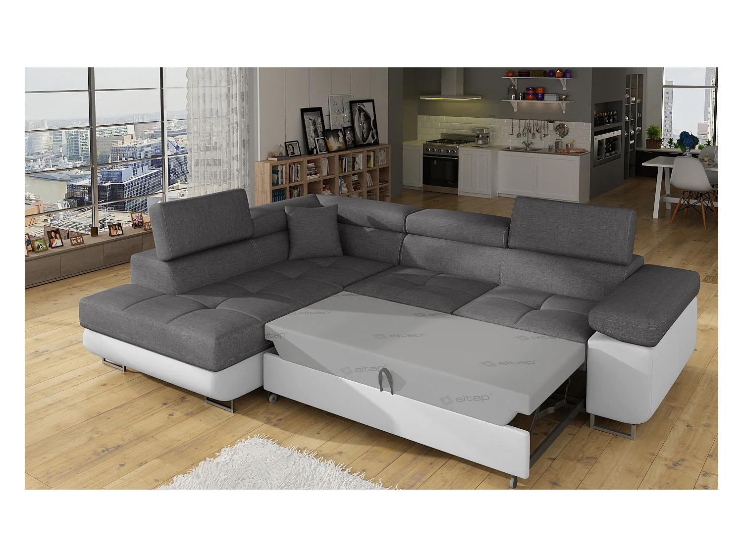 Canapé angle convertible simili cuir et tissu têtières relevables - Collection Marka-Couleur Blanc/Gris clair-angle droit