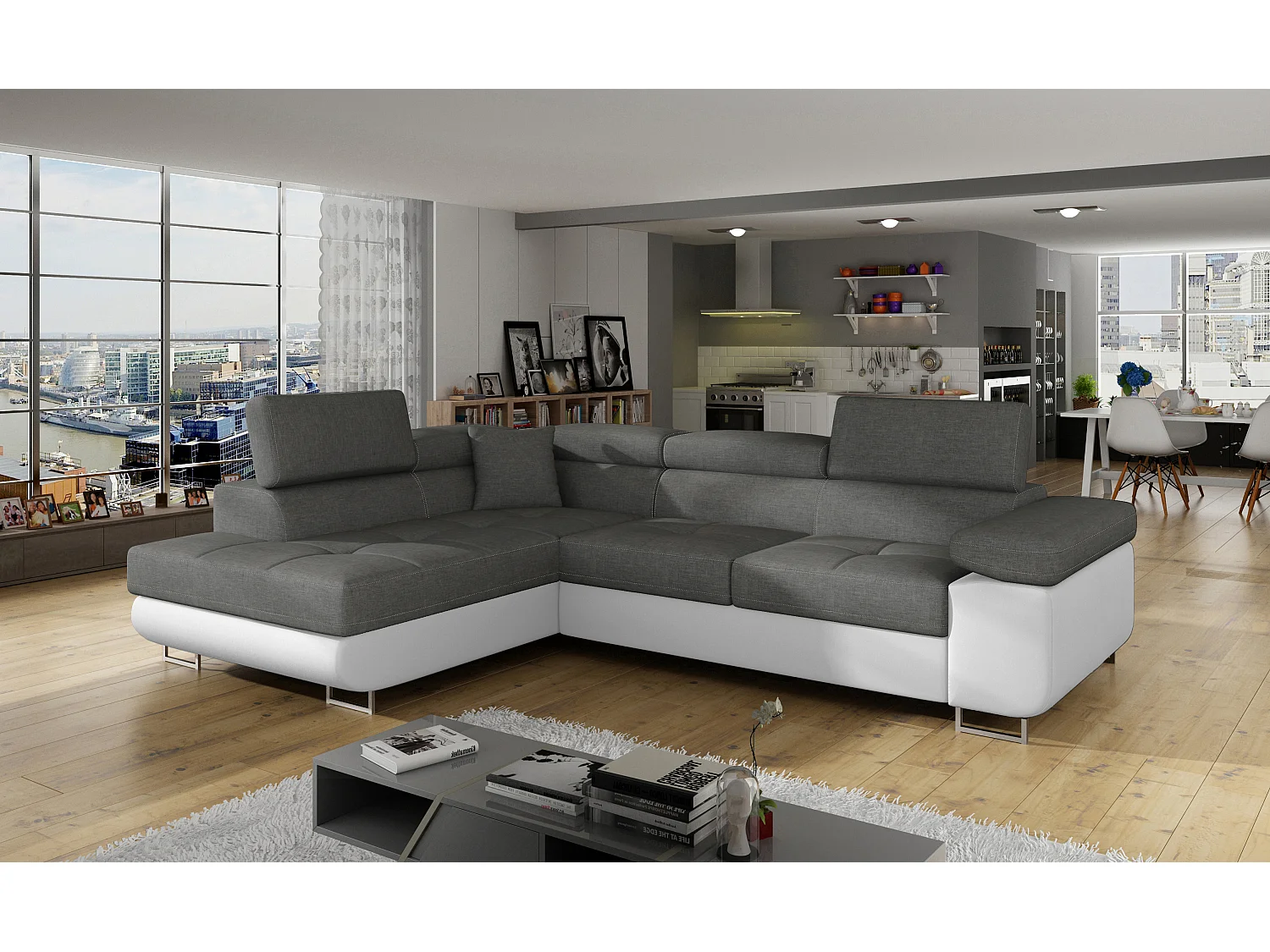 Canapé angle convertible simili cuir et tissu têtières relevables - Collection Marka-Couleur Blanc/Gris clair-angle droit