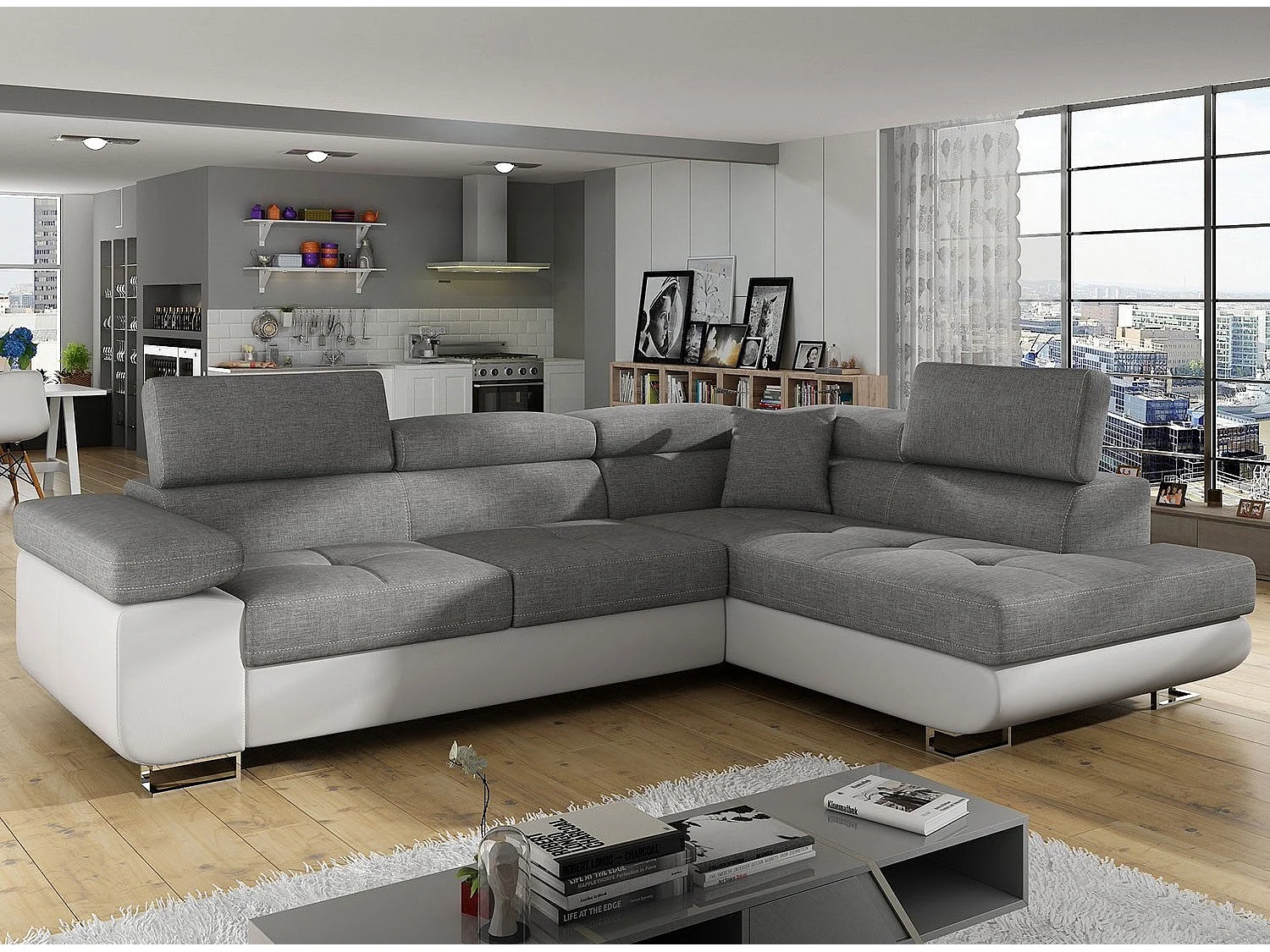 Canapé angle convertible simili cuir et tissu têtières relevables - Collection Marka-Couleur Blanc/Gris clair-angle droit