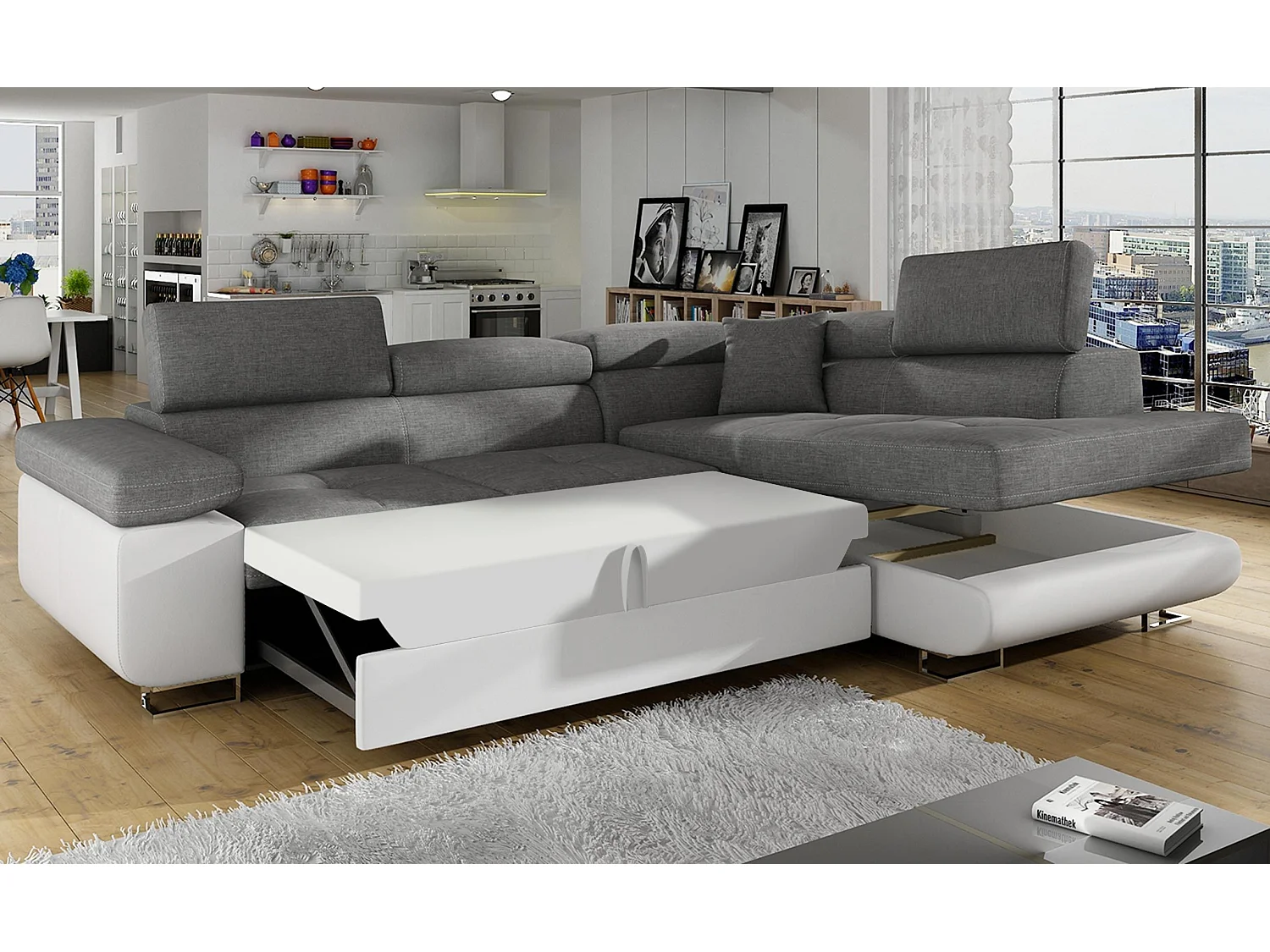 Canapé d'angle convertible simili cuir et tissu MARKA - Coffre et appuis-tête réglables-Blanc/Gris clair-angle droit