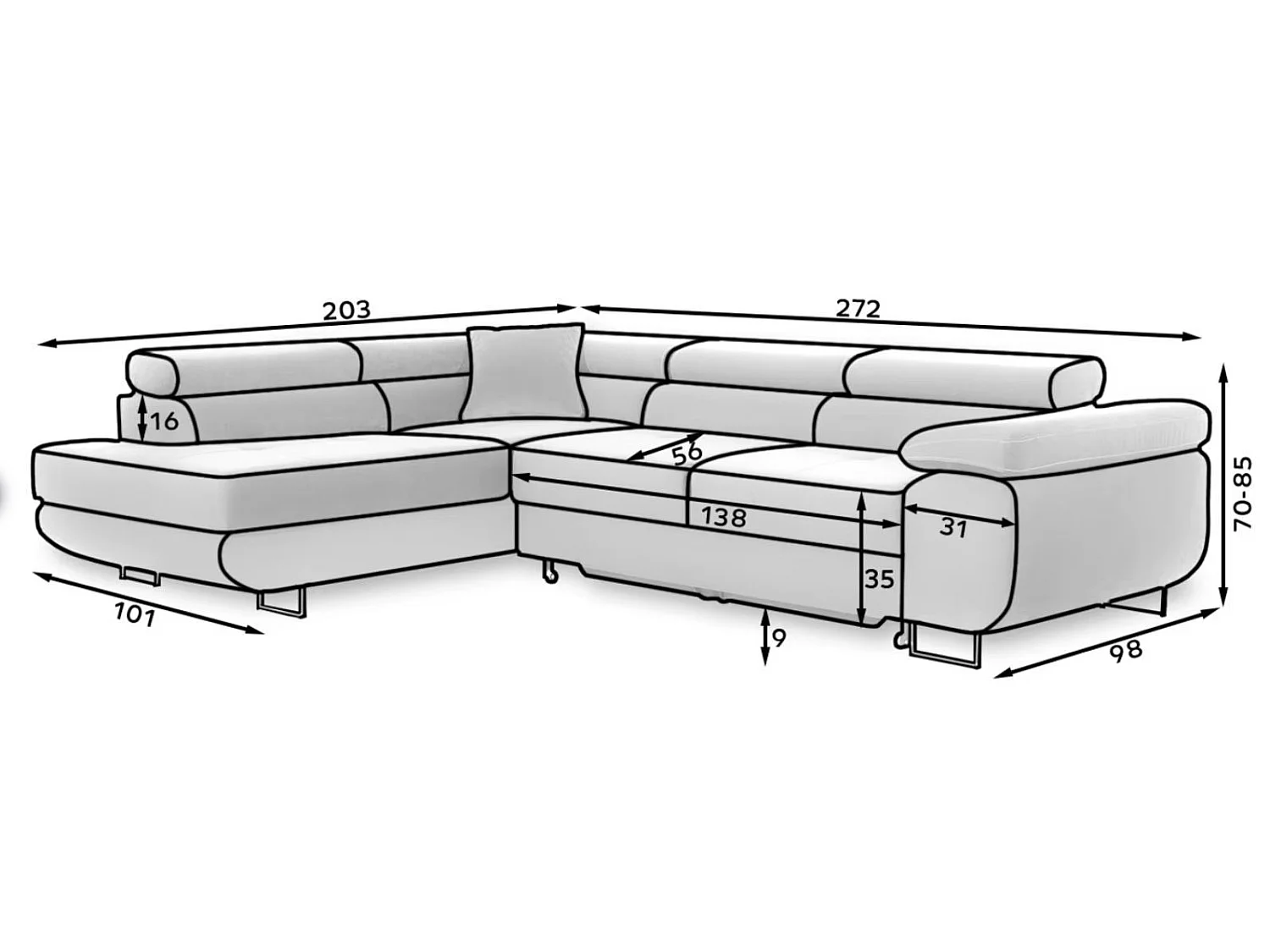 Canapé d’angle convertible MARKA en tissu et simili cuir – 272cm-Blanc/Gris clair-angle droit