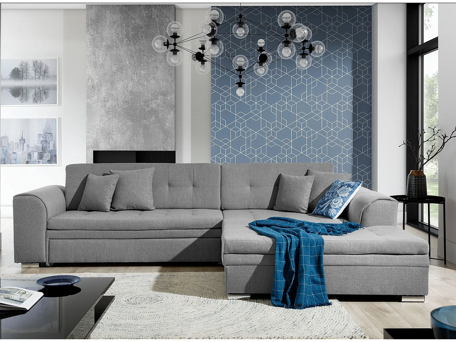 Canapé d'angle droit convertible 4 places tissu gris Looka 295cm