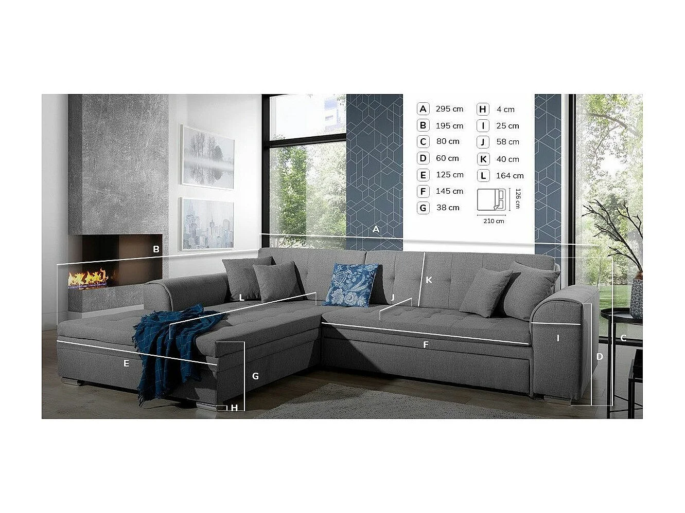 Canapé d'angle droit convertible 4 places tissu gris Looka 295cm