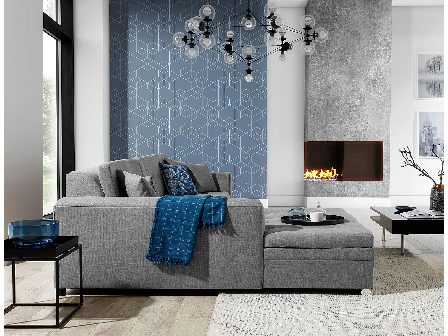 Canapé d'angle droit convertible 4 places tissu gris Looka 295cm