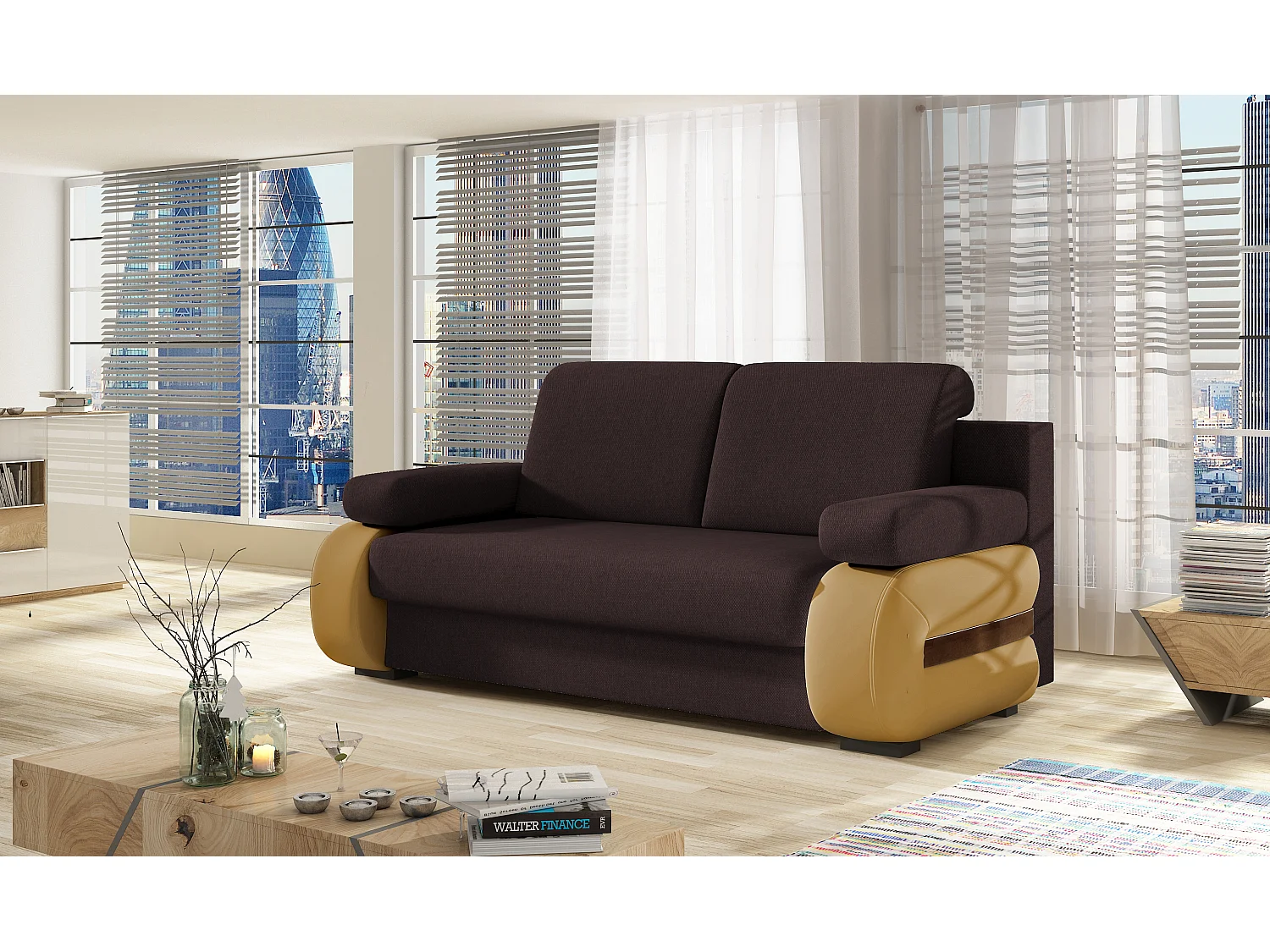 2-zits slaapbank in bruine stof en donkerbeige kunstleer Korina 202 cm