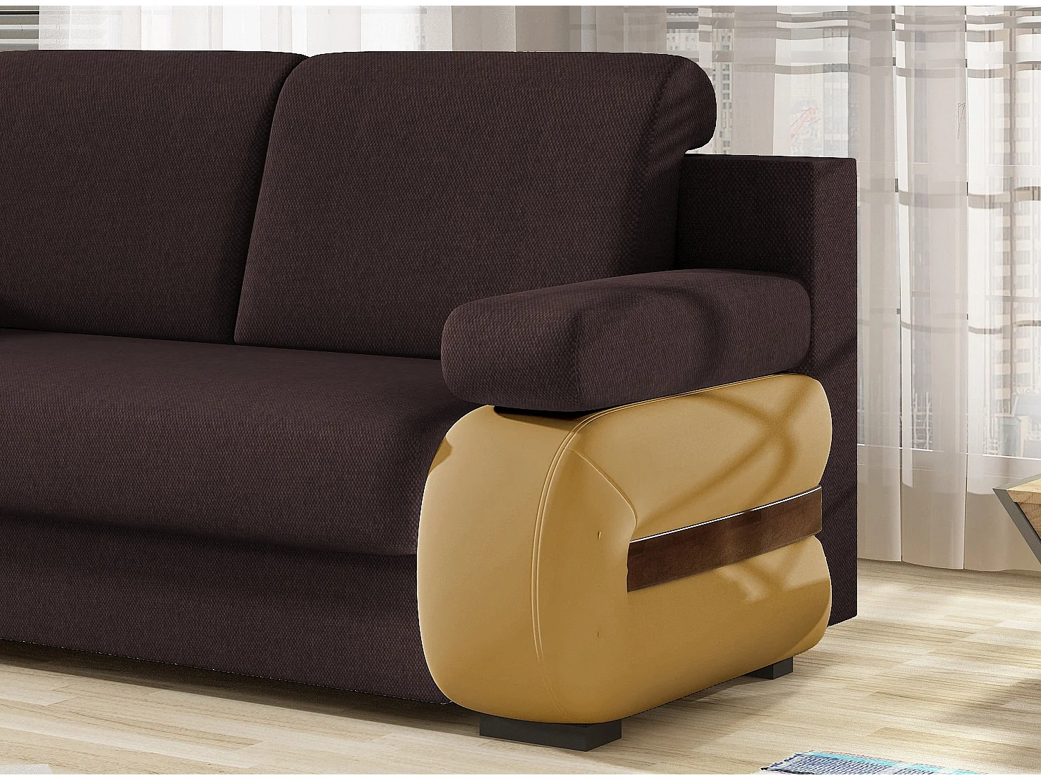 2-zits slaapbank in bruine stof en donkerbeige kunstleer Korina 202 cm