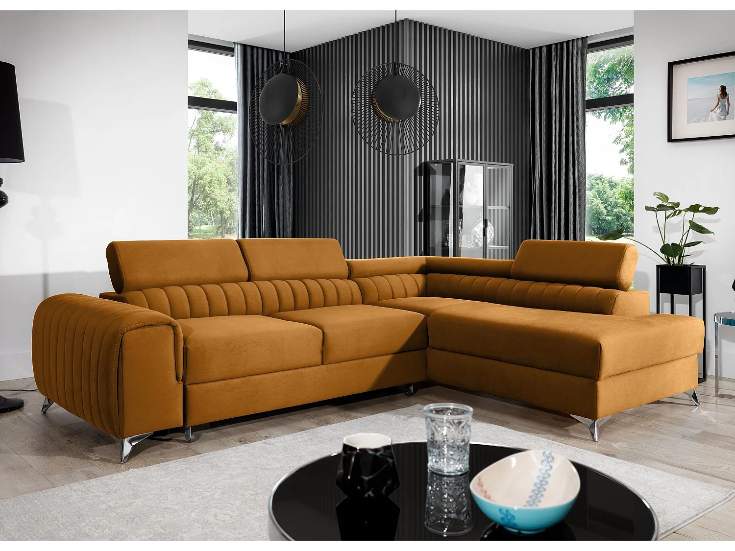 Canapé angle droit convertible avec appuis-tête réglables velours marron orangé Lozan 275cm