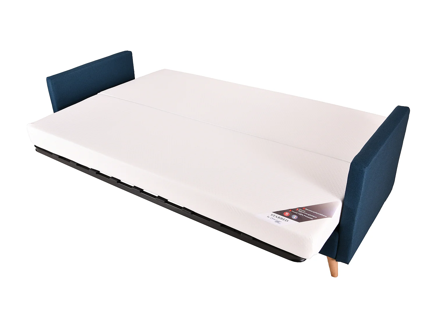 Banquette Clic-clac tissu 130x190 matelas Starbed 13cm avec rangement Soly-Couleur Bleu canard