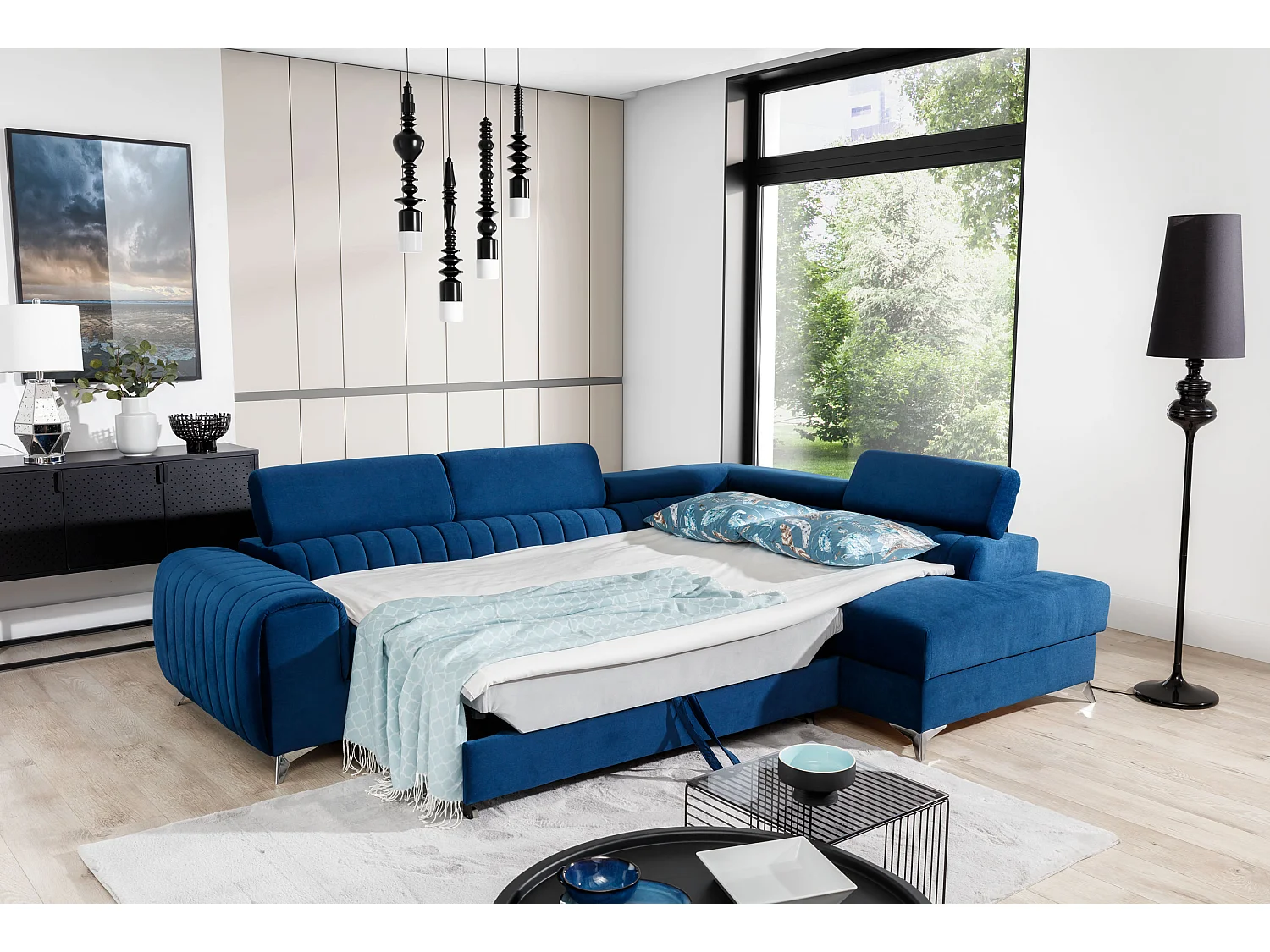 Canapé angle gauche convertible avec appuis-tête réglables velours marron orangé Lozan 275cm