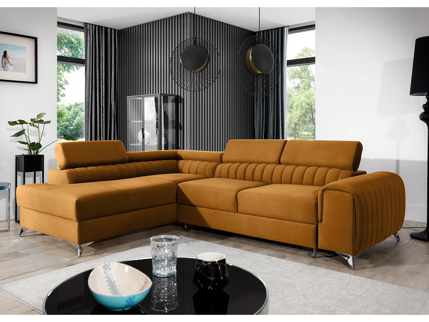 Canapé angle gauche convertible avec appuis-tête réglables velours marron orangé Lozan 275cm