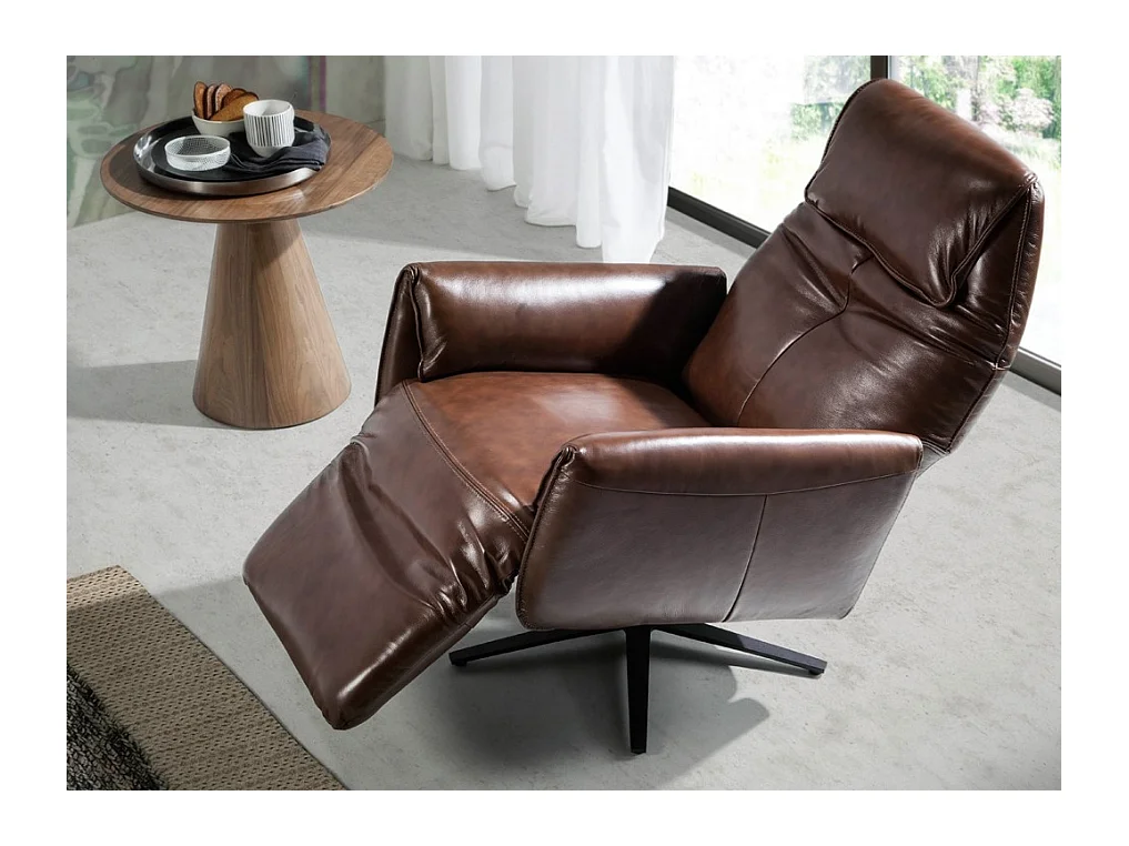 Fauteuil relax pivotant cuir marron et pieds en acier Nary-Couleur Aqua 23 Chocolat