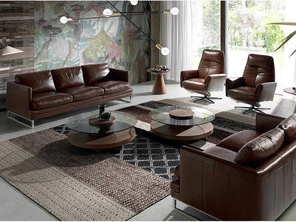 Fauteuil pivotant relax cuir avec mécanisme du dossier rabattable Kora-Couleur Cuir Piel burdeos