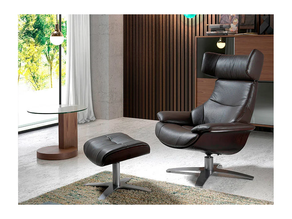 Fauteuil pivotant relax cuir avec mécanisme du dossier rabattable Kora-Couleur Cuir Piel chocolat