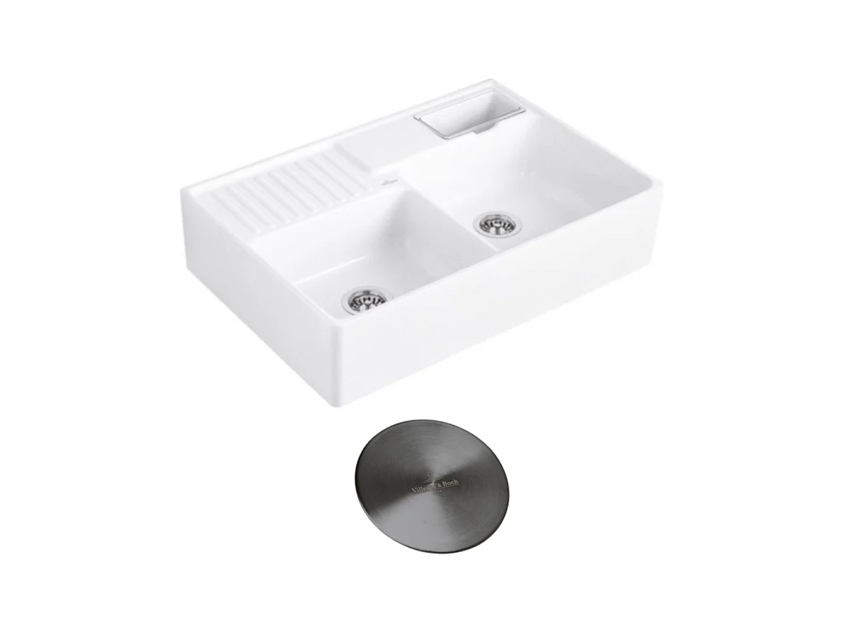 Evier timbre d'office VILLEROY ET BOCH Tradition 2 bacs 89,5 x 63 céramique vidage auto blanc + Cache bonde anthracite