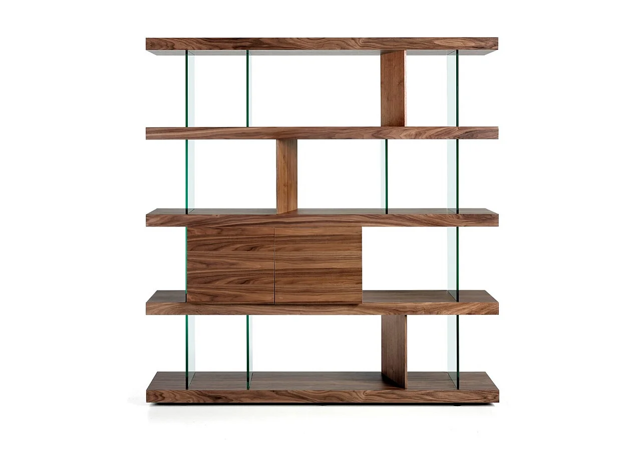 Etagère 4 niveaux bois noyer avec tiroirs et verre trempé Juno