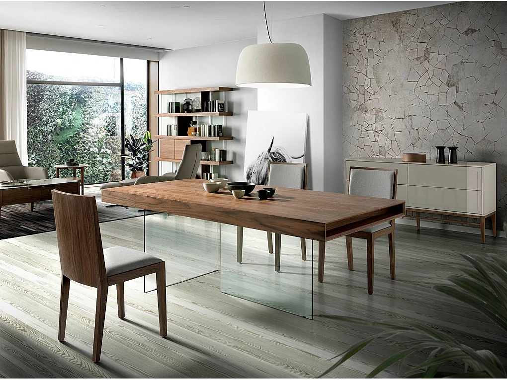 Etagère 4 niveaux bois noyer avec tiroirs et verre trempé Juno