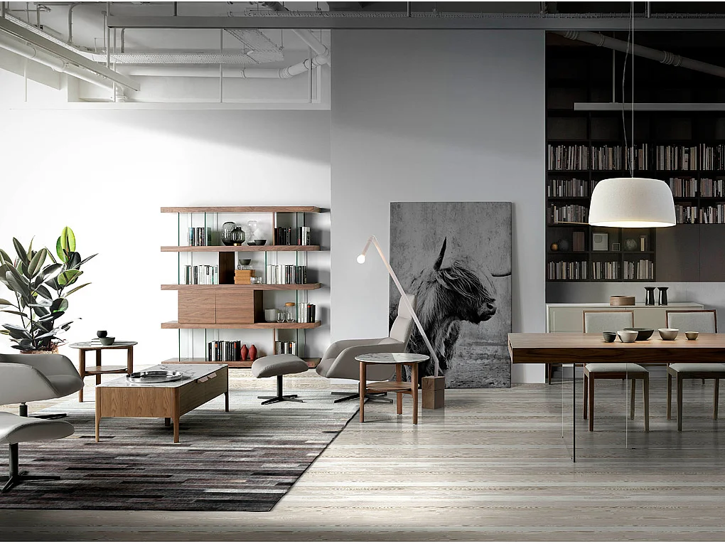 Etagère 4 niveaux bois noyer avec tiroirs et verre trempé Juno